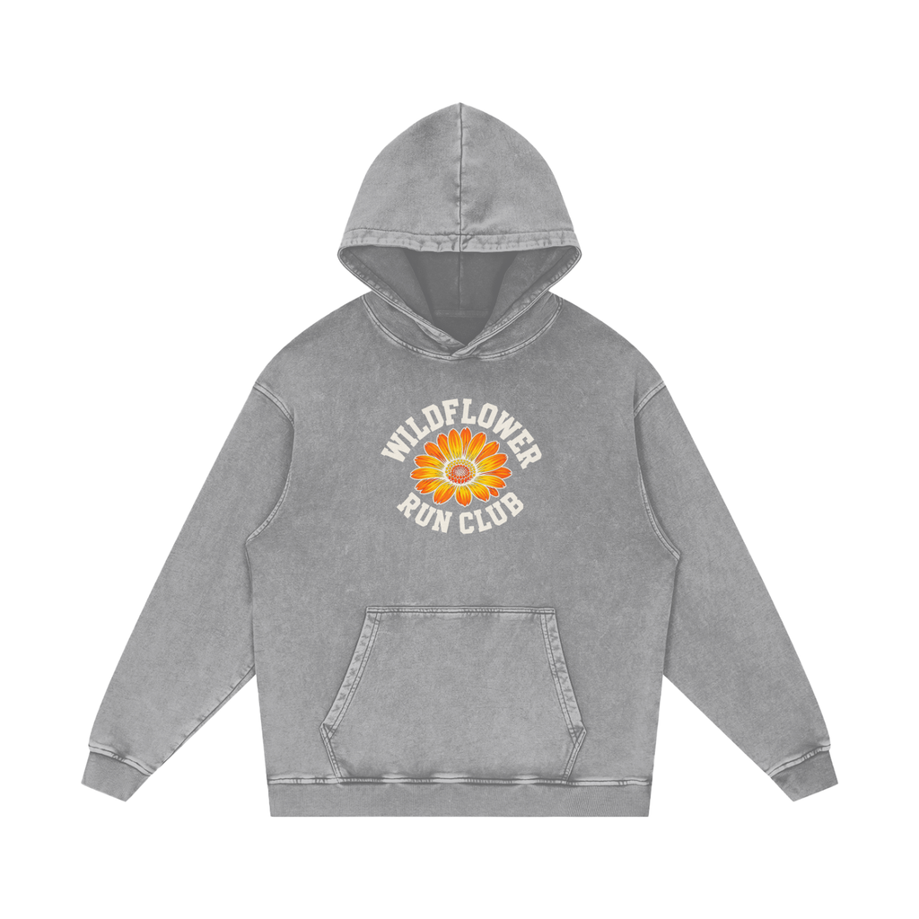 Acid-washed light gray Wildflower Run Club hoodie, back view with wildflower bouquet