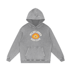 Acid-washed light gray Wildflower Run Club hoodie, back view with wildflower bouquet