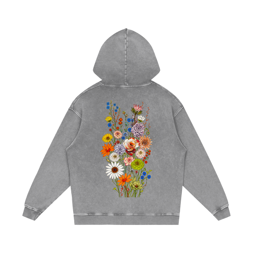 Acid-washed light gray Wildflower Run Club hoodie, front view with sunflower chest badge