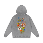 Acid-washed light gray Wildflower Run Club hoodie, front view with sunflower chest badge
