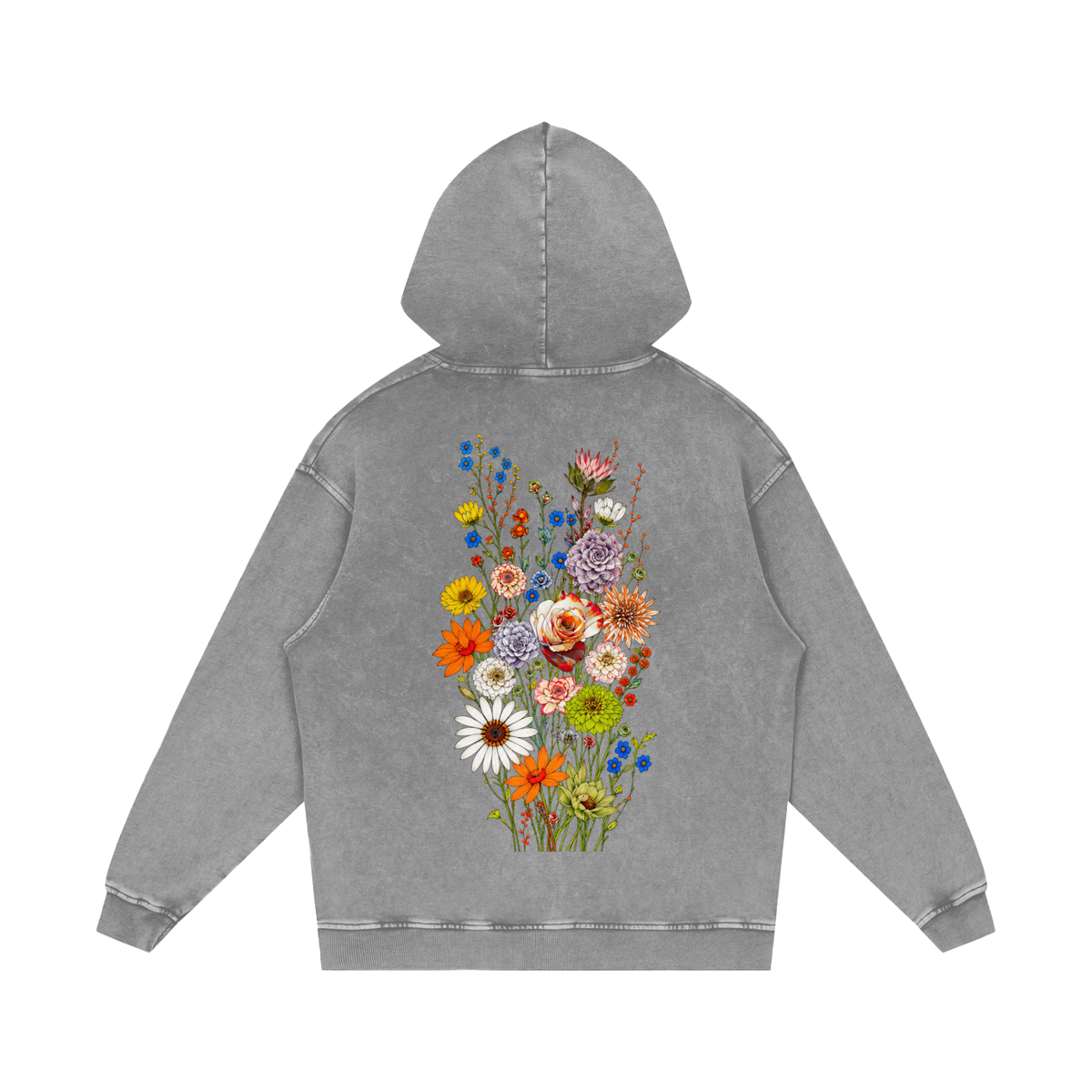 Acid-washed light gray Wildflower Run Club hoodie, front view with sunflower chest badge