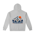 Flower gray Run Far Stay Wild hoodie, front view with small mountain and wildflower mark