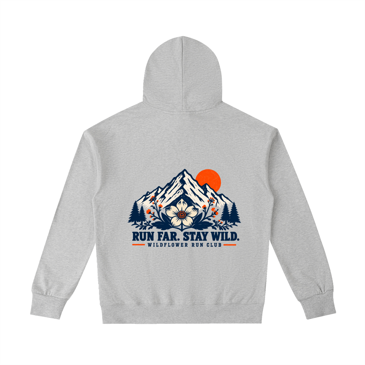Flower gray Run Far Stay Wild hoodie, front view with small mountain and wildflower mark