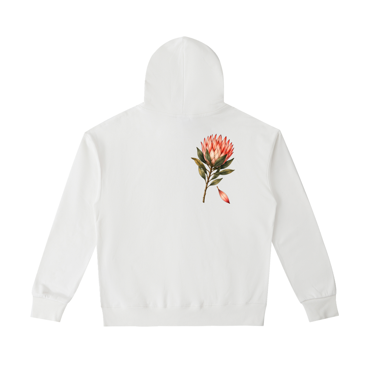 White Coral Protea hoodie, front view with Wild Bloom Division wordmark