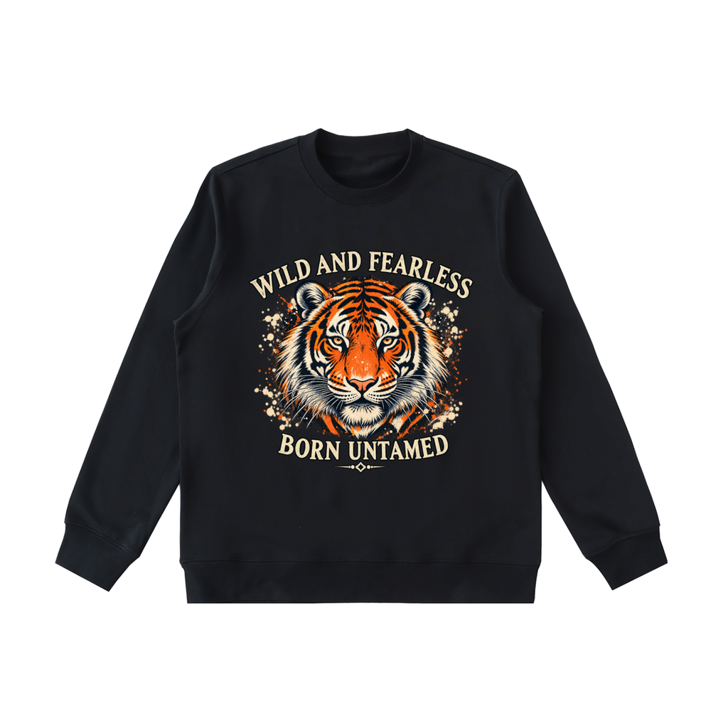 Black Essential heavyweight crewneck, front view with Wild and Fearless graphic