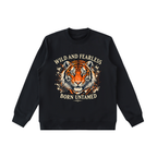 Black Essential heavyweight crewneck, front view with Wild and Fearless graphic