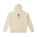 Apricot Cobalt Stem hoodie, front view with Wild Bloom Division wordmark