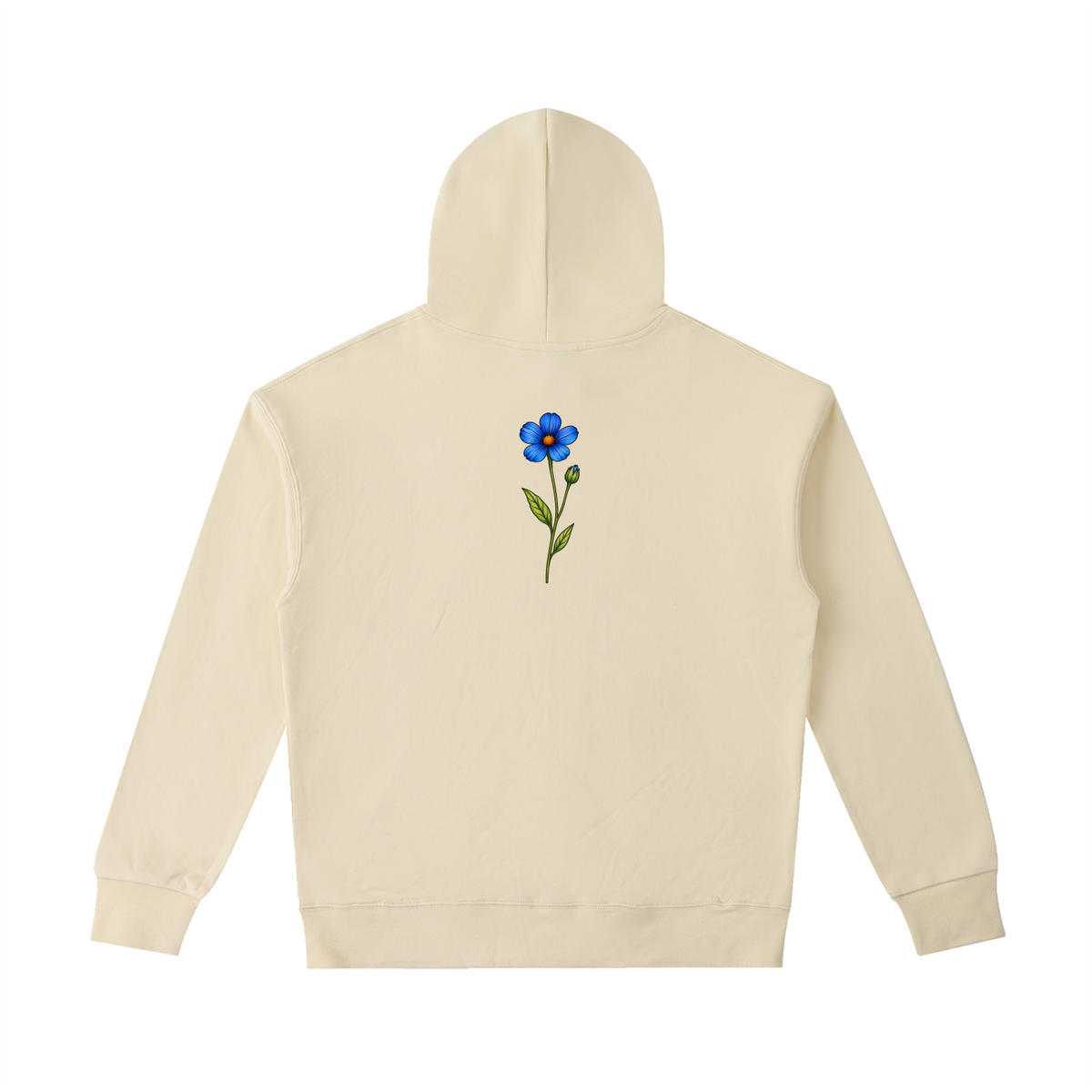 Apricot Cobalt Stem hoodie, front view with Wild Bloom Division wordmark