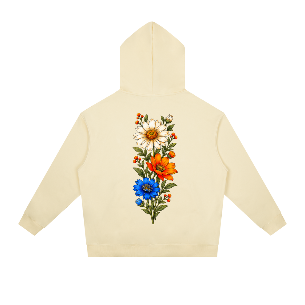 Apricot Wildflower Run Club hoodie, front view with chest badge