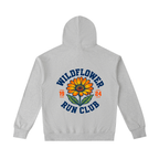 Flower gray Wildflower Run Club hoodie, front view with sunflower chest badge