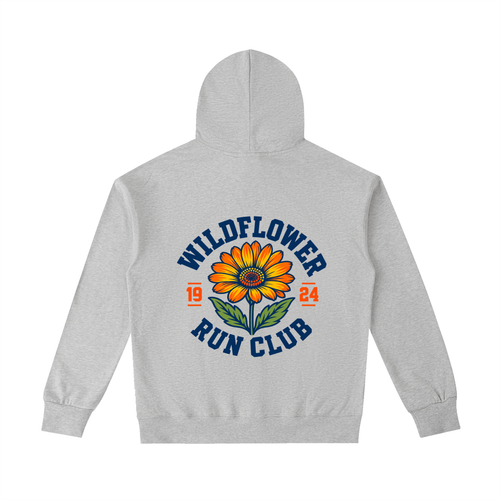 Flower gray Wildflower Run Club hoodie, front view with sunflower chest badge