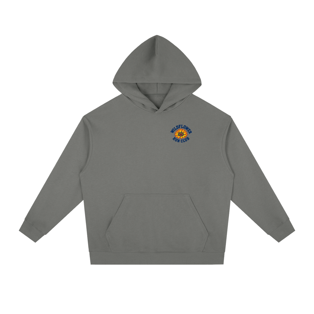Dark gray Wildflower Run Club hoodie, back view with daisy and wildflower art column