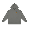 Dark gray Wildflower Run Club hoodie, back view with daisy and wildflower art column