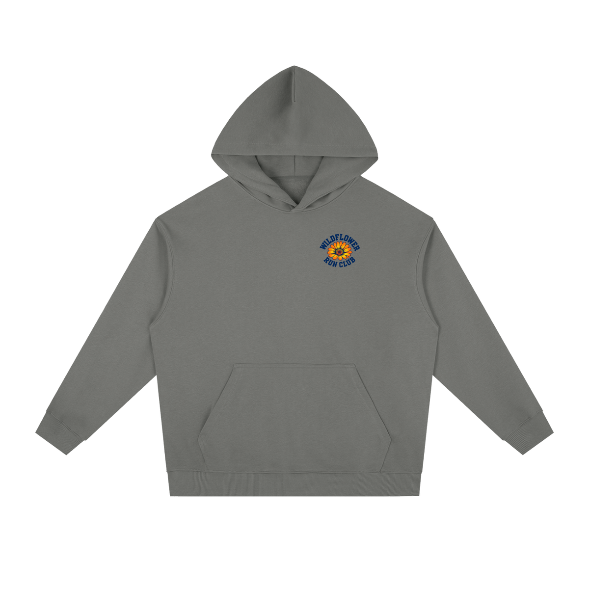 Dark gray Wildflower Run Club hoodie, back view with daisy and wildflower art column