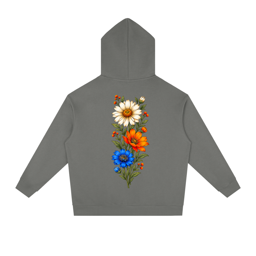 Dark gray Wildflower Run Club hoodie, front view with chest badge