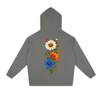 Dark gray Wildflower Run Club hoodie, front view with chest badge