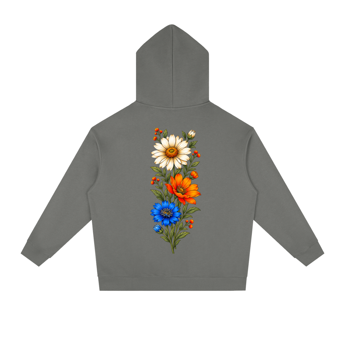 Dark gray Wildflower Run Club hoodie, front view with chest badge