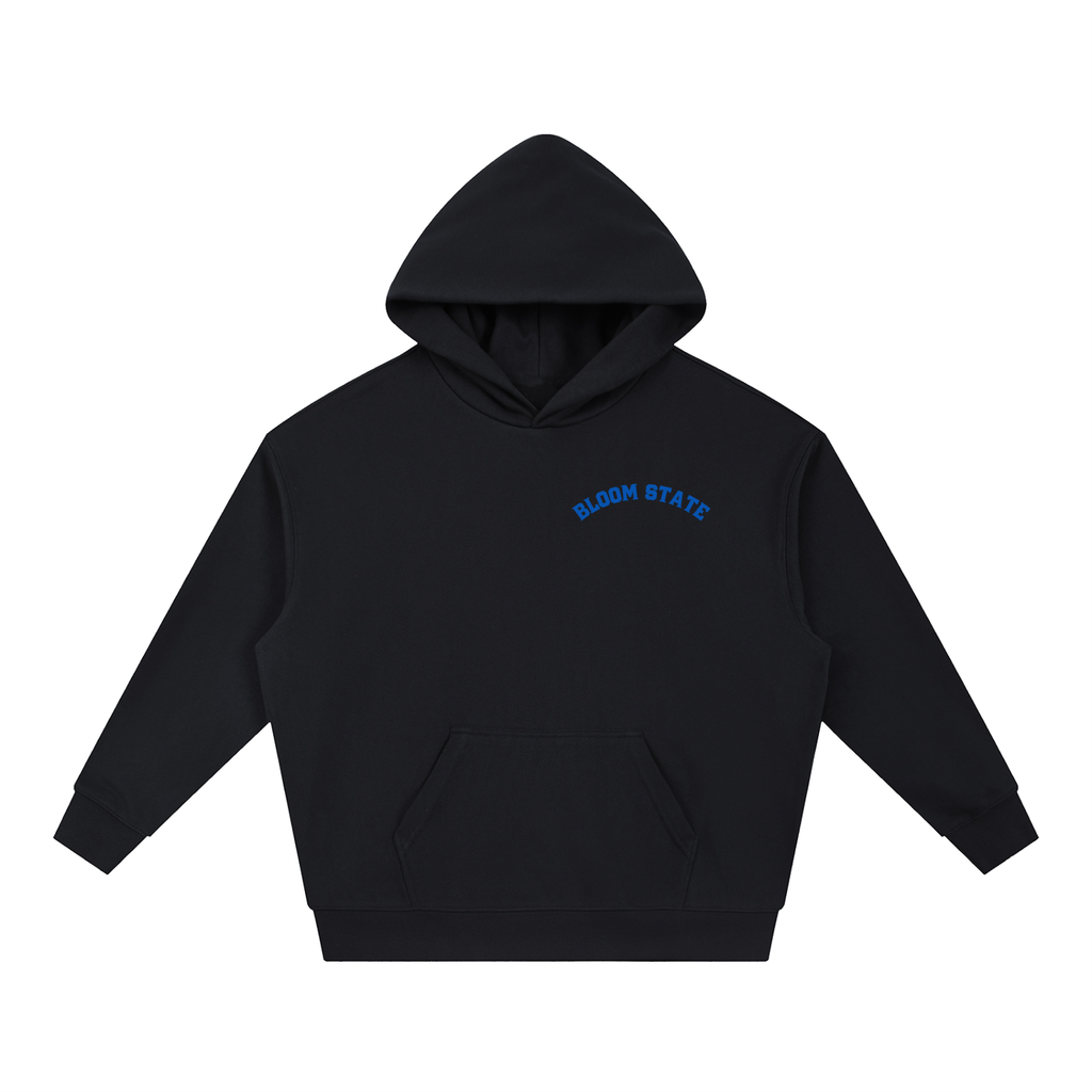 Black Bloom State hoodie, back view with large floral running club graphic
