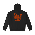 Black No Taming This hoodie, front view with burnt-orange rose on the chest