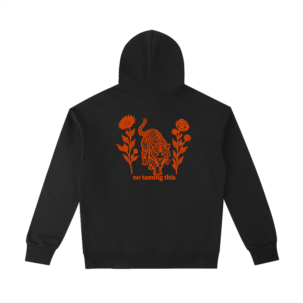 Black No Taming This hoodie, front view with burnt-orange rose on the chest