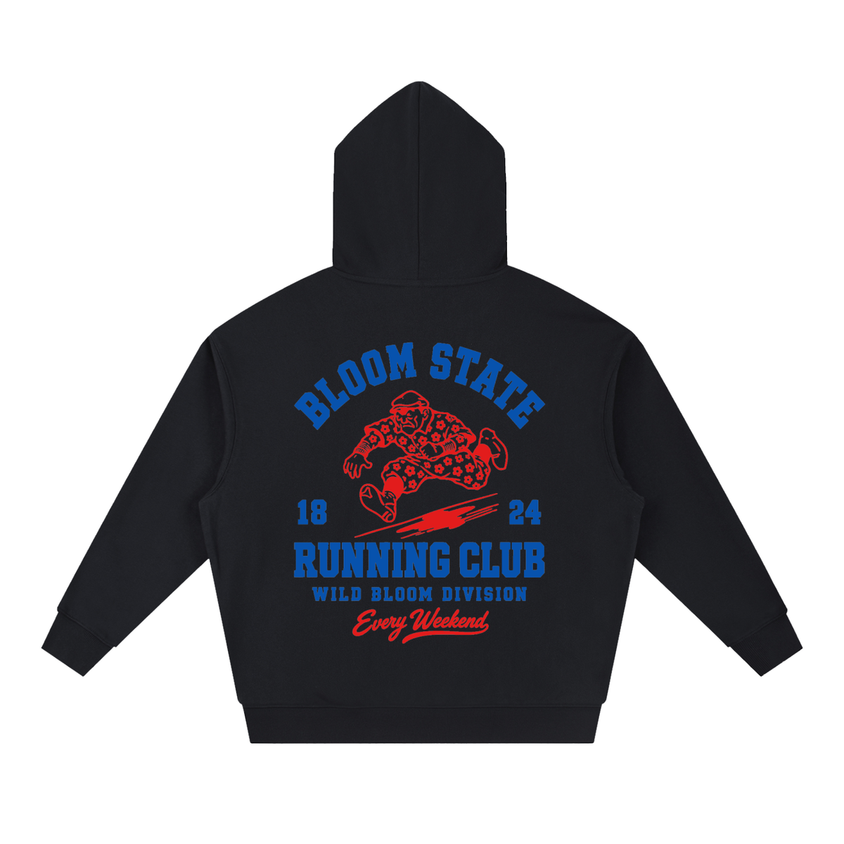 Black Bloom State hoodie, front view with small chest logo