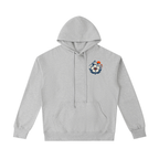Flower gray Run Far Stay Wild hoodie, back view with snow-capped mountain, sunset and wildflower graphic