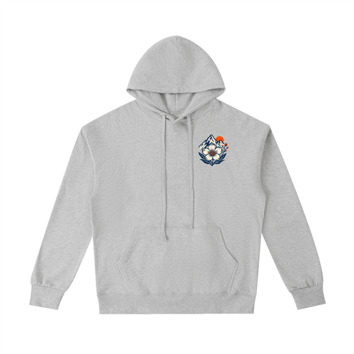 Flower gray Run Far Stay Wild hoodie, back view with snow-capped mountain, sunset and wildflower graphic
