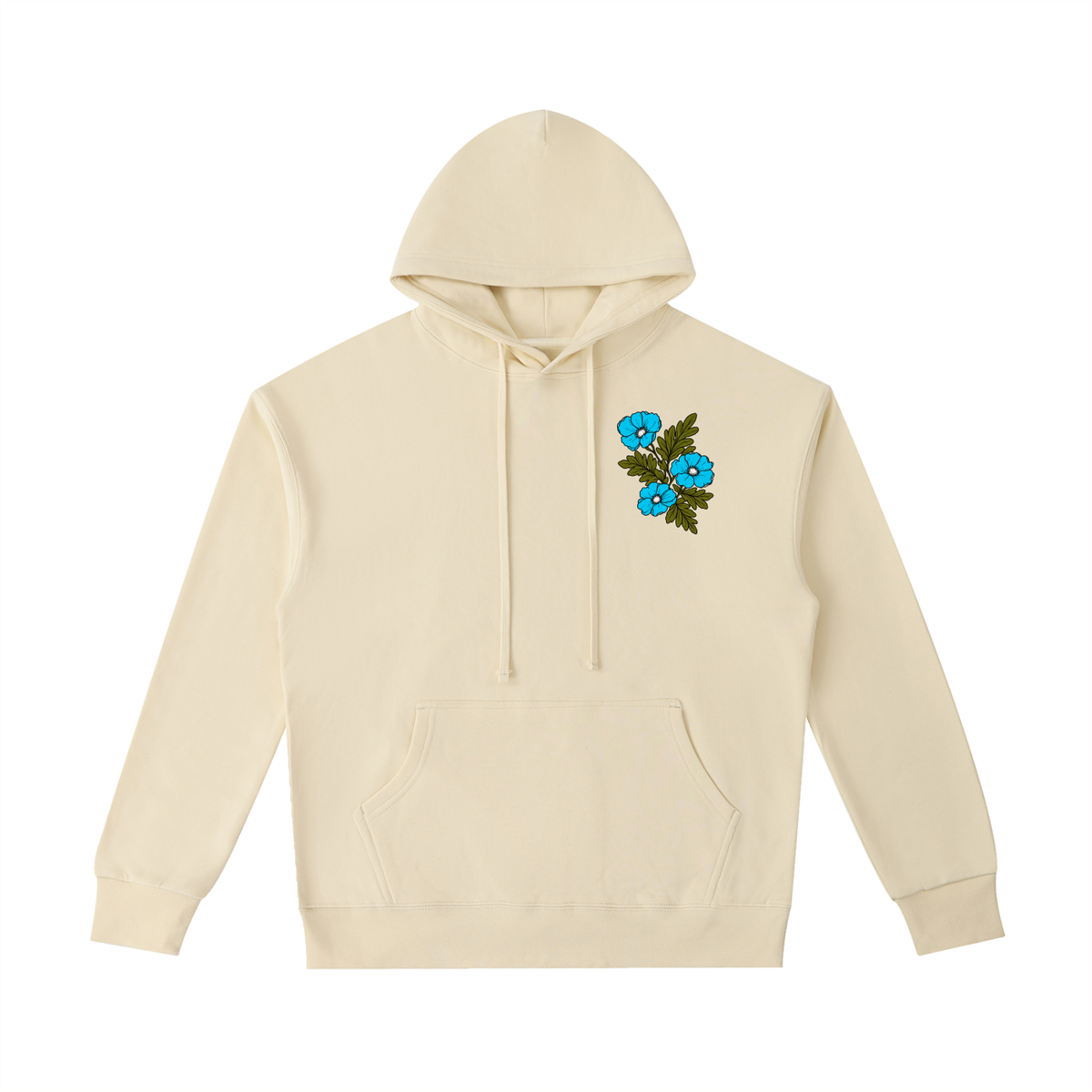 Apricot Turquoise Poppies hoodie, front view with turquoise poppies over the heart