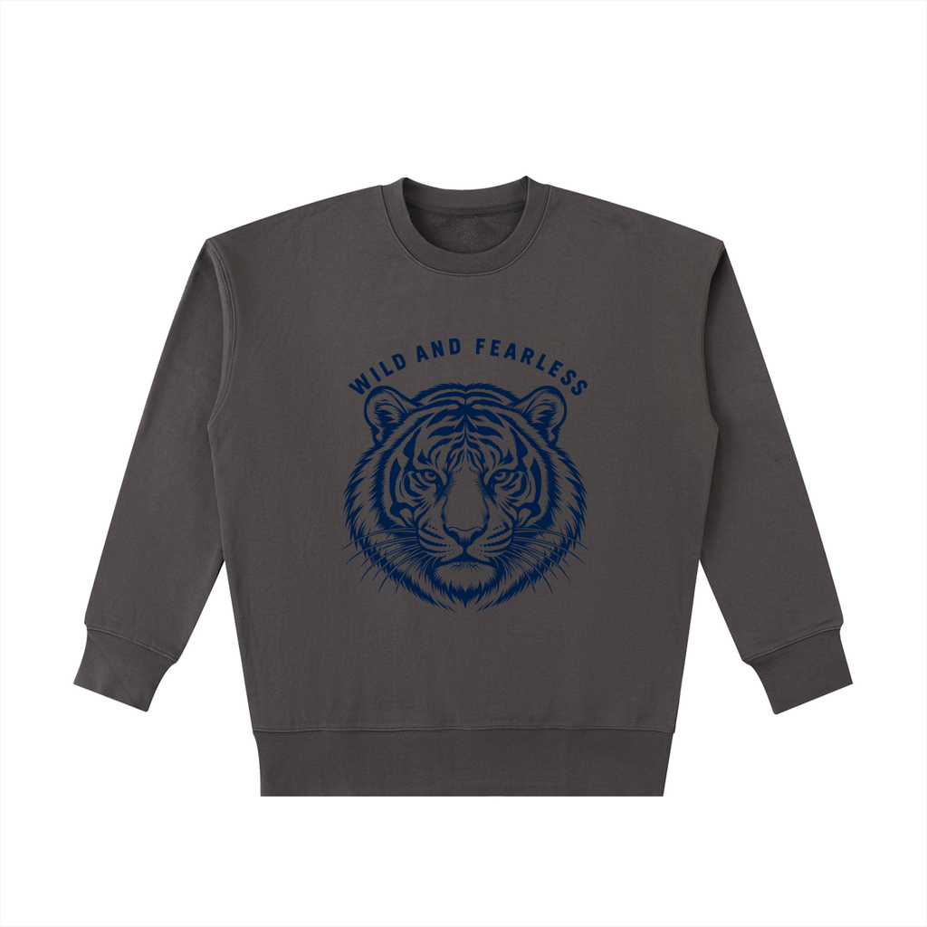 Dark gray Wild and Fearless crewneck, front view with navy tiger under collegiate lettering