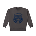 Dark gray Wild and Fearless crewneck, front view with navy tiger under collegiate lettering