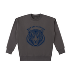 Dark gray Wild and Fearless crewneck, front view with navy tiger under collegiate lettering