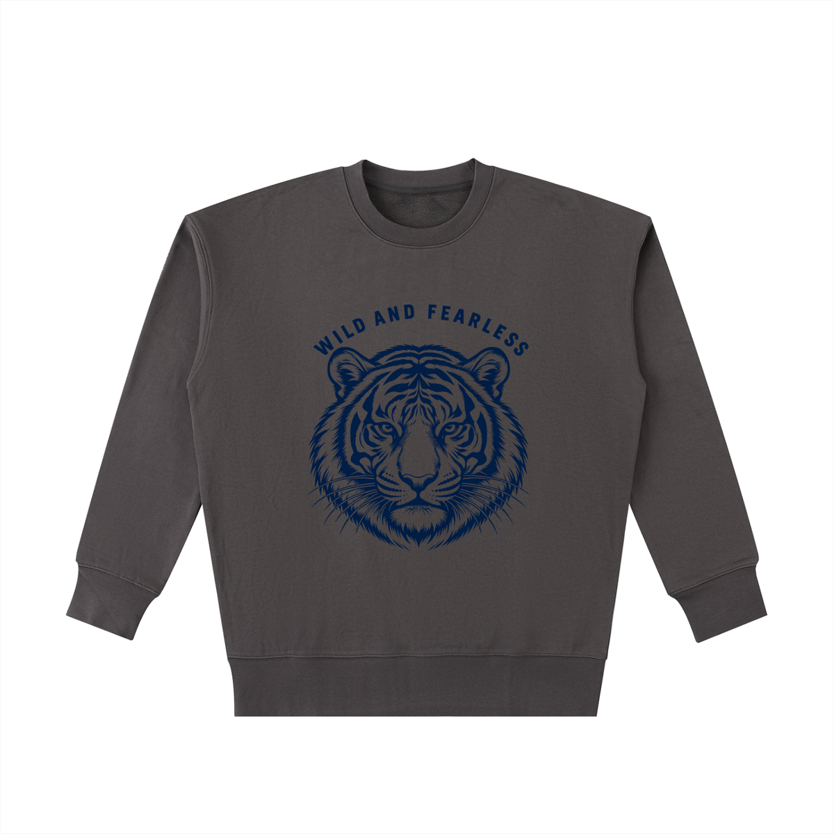 Dark gray Wild and Fearless crewneck, front view with navy tiger under collegiate lettering
