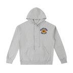 Flower gray Wildflower Run Club hoodie, back view with large sunflower crest