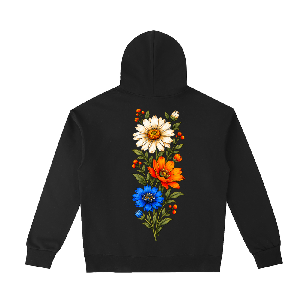 Black Wild Meadow hoodie, front view with cream Wildflower Run Club chest badge